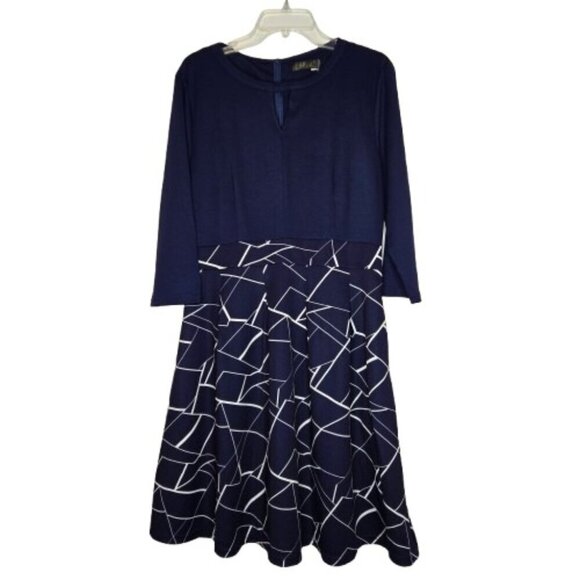 iHot Navy Blue 3/4 Sleeve Midi Pockets Fit and Flare A-Line Swing Dress Sz XL - Picture 5 of 16